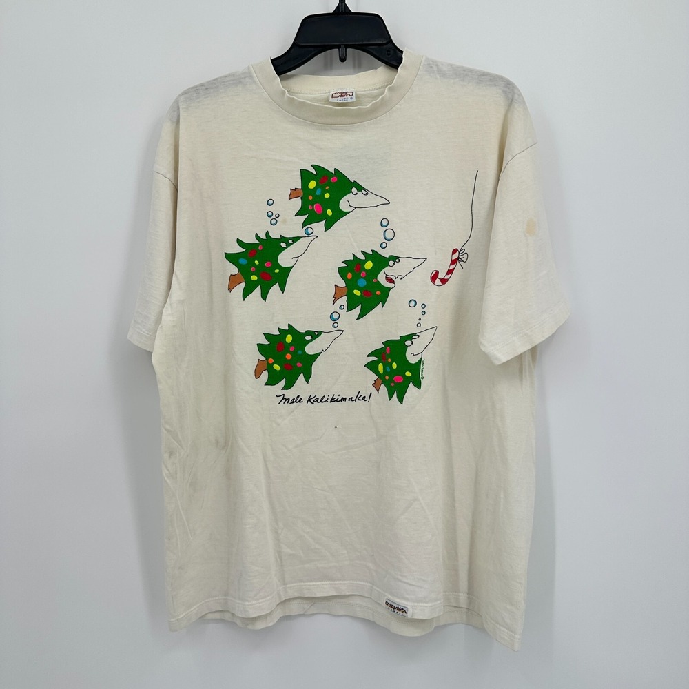 Vtg Crazy Shirts Hawaii Christmas Tree Mele Kalikimaka T-shirt L White Shark USA